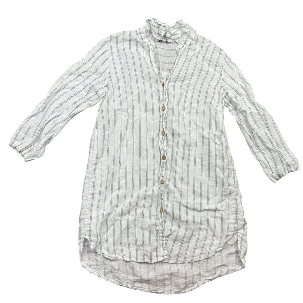 Rosemarine 100% Linen White Striped Made In Italy Button Tunic Shirt Large Cover